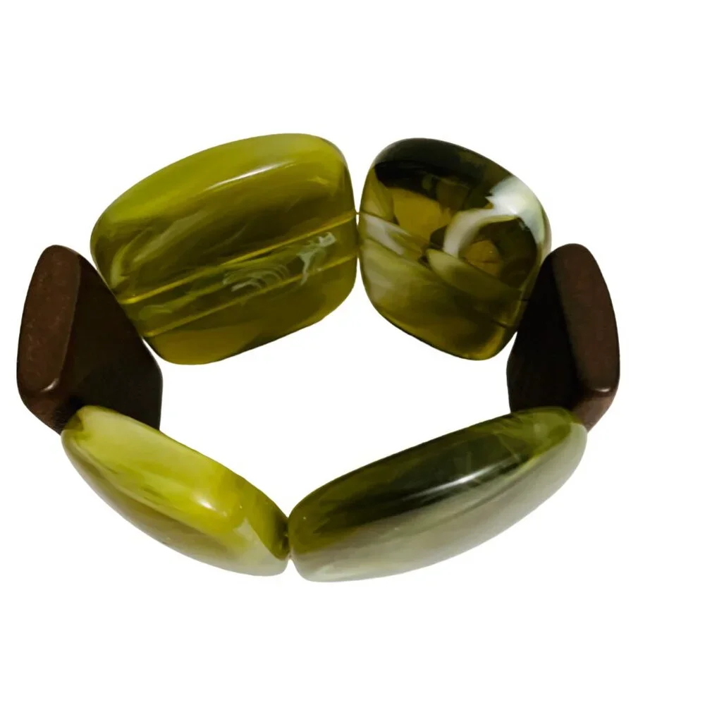Antique Bakelite Cuff Bracelet Art Deco Swirls Stretch Rectangle Green Rare